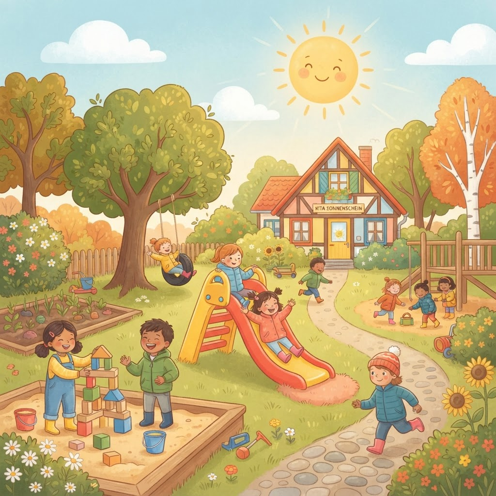 Fröhliche Kinder spielen im sonnigen Garten der KiTa Sonnenschein